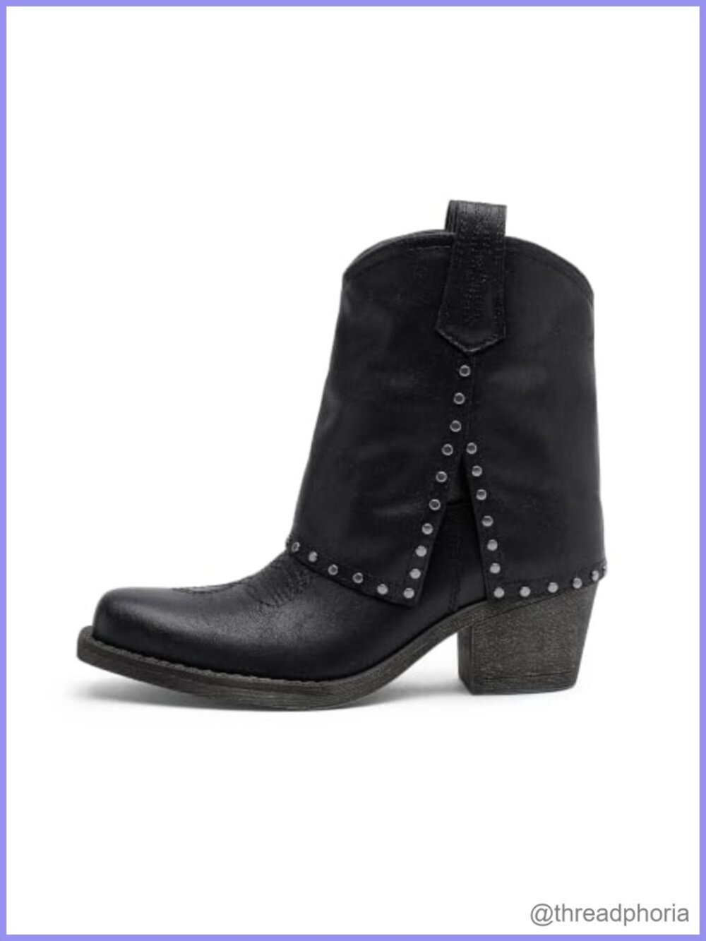 Western Studded Ankle Boots Square Toe Low Block Heel Pull-On